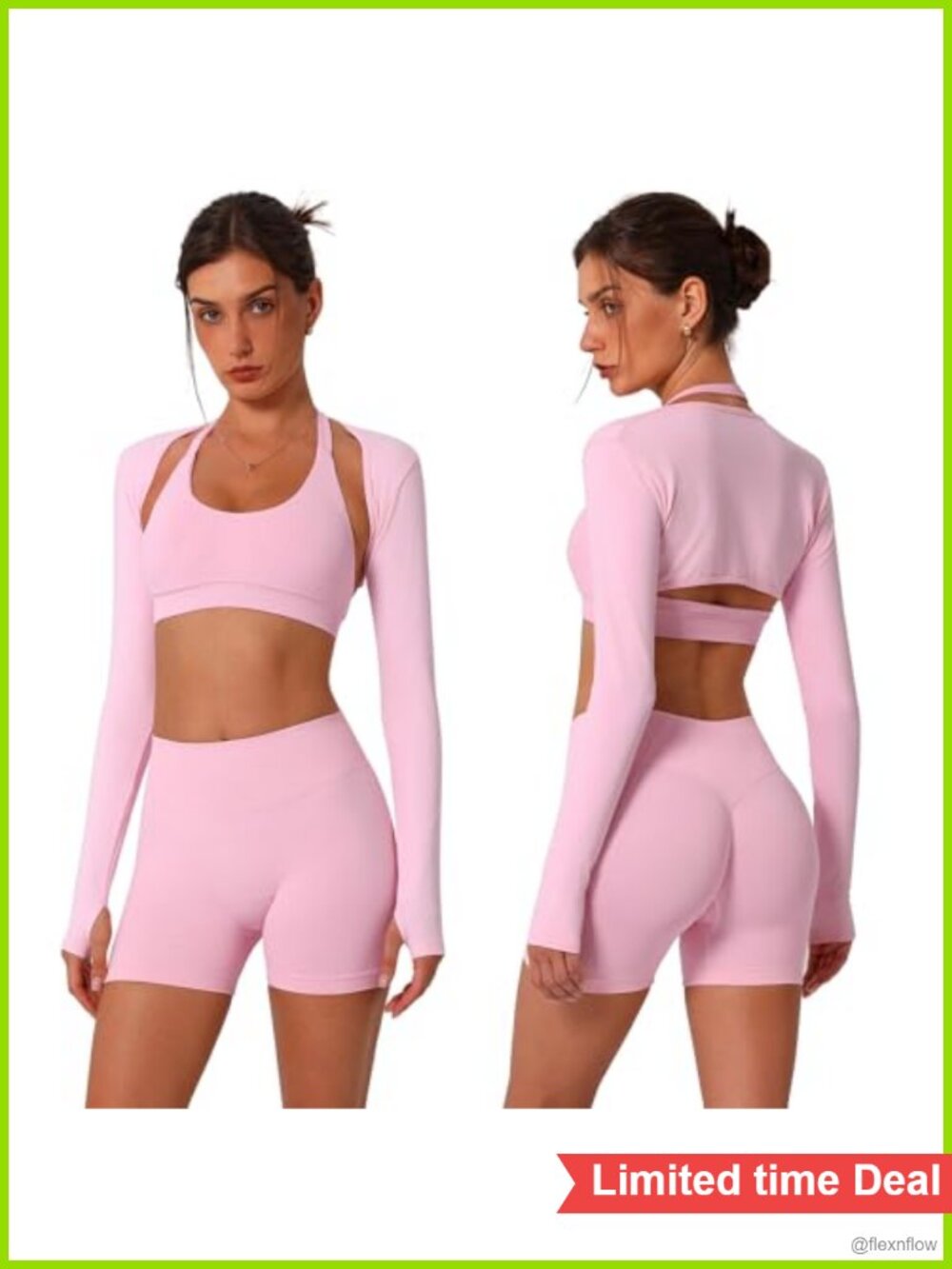 3 Piece Seamless Workout Set Halter Sports Bra Biker Shorts Bolero